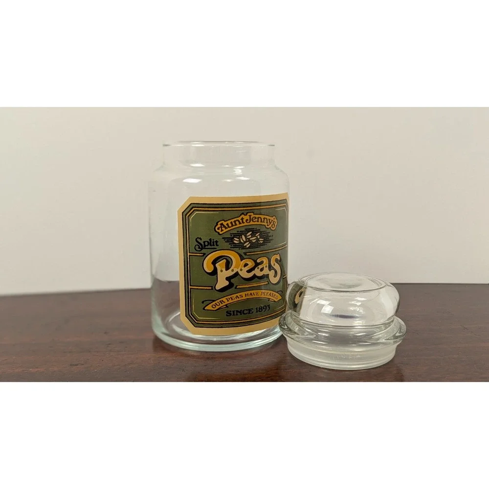 Vintage Aunt Jennys Split Peas Glass Canister Jar with Lid Advertising Kitchen